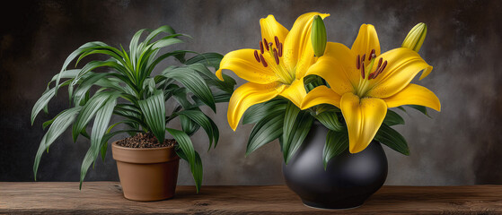 Yellow Lily and Potted Plant: A captivating still life showcases the radiant beauty of yellow lilies alongside a lush, potted plant, elegantly presented against a soft, textured backdrop.