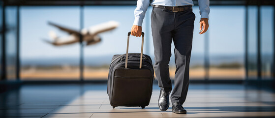 Business Traveler in Airport: A businessperson strides confidently through a modern airport terminal, a carry-on suitcase in tow, as an aircraft prepares for takeoff, symbolizing international travel.