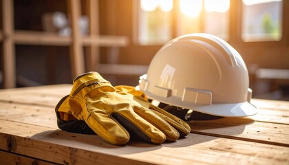 Construction Safety: Hard Hat and Work Gloves on Wooden Table