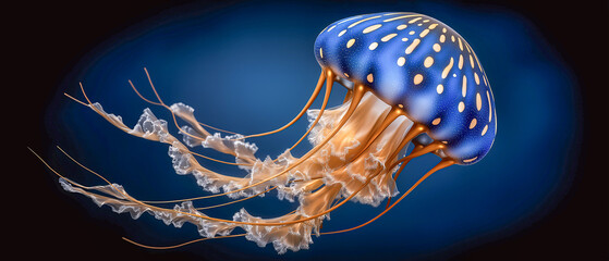 Oceanic Luminescence: A vibrant jellyfish, showcasing a mesmerizing dance of light and life in the deep blue ocean. A captivating underwater scene.
