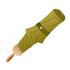 Vector illustration of a folded green umbrella with wooden handle. Textured autumn design in cozy flat style. Hand drawn seasonal parasol for weather icons, fashion accents and warm rainy day concepts
