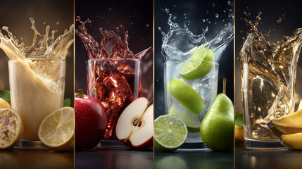 Banana, apple, lime, pear juice Realistic fruits splashes, vector icon set
