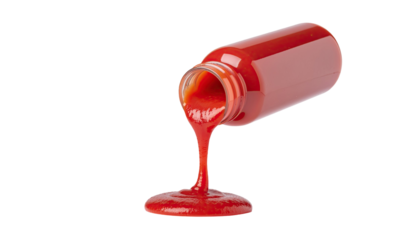 Red Ketchup Bottle Spilled with Sauce Splash and Drip Isolated on White Background