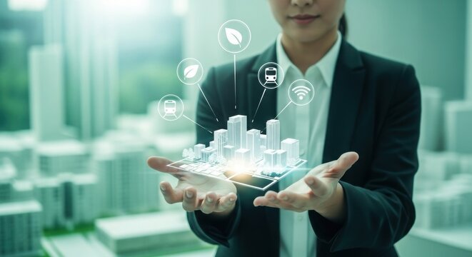 Businesswoman holding a glowing holographic city model with futuristic technology elements in her hands