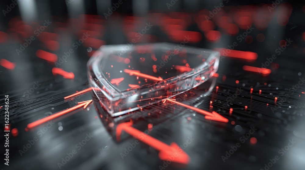 Poster shield protects technology in cyberspace with red arrows moving in the background