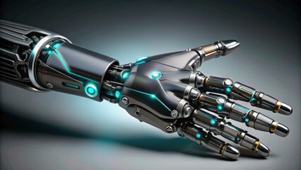 Advanced robotic prosthetic hand with glowing blue circuits, showcasing futuristic cybernetic technology and innovation