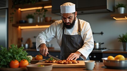  Man cooking in a modern kitchen. Muslim business. Authentic Arabian style.
