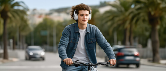 Urban Cycling Serenity: A youthful individual, immersed in music through modern headphones, navigates a city street on a bicycle amidst palm trees and passing vehicles.  
