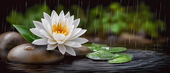 Serene Lotus Amidst Rainfall: A pristine white lotus flower gracefully floats on tranquil water, adorned with water droplets, alongside smooth river stones and vibrant green leaves.