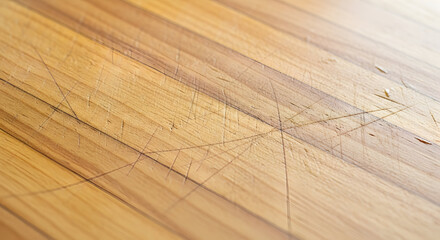 Scratched wooden cutting board surface with light reflecting off the top right corner