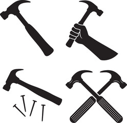 Black and White Hammer Silhouette Set  Claw Hammer Action Poses, Crossed Hammers, Toolbelt, and Hammer with Nail