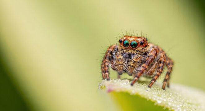 Close up macro shot of a small brown jumping spider with iridescent green eyes on a dewy leaf