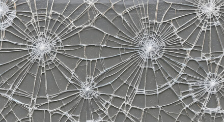Shattered glass with radial cracks on a gray surface creating a spiderweb effect