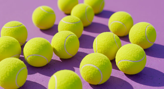 Bright Yellow Tennis Balls Scattered on Pink Surface in Outdoor Setting