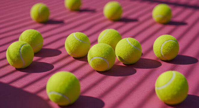 Bright Yellow Tennis Balls Scattered on Pink Court with Shadows and Overhead Light - Powered by Adobe