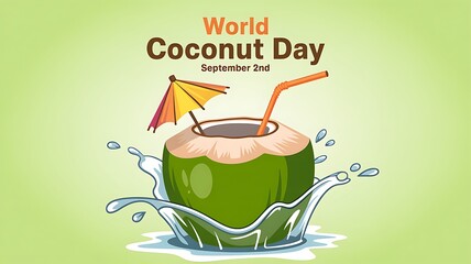 Refreshing coconut drink with umbrella and straw for world coconut day