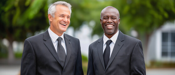 Two Businessmen's Professional Smiles: A pair of impeccably dressed business executives, their beaming smiles reflecting confidence and success, stand in a serene outdoor setting.