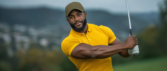 Confident Golfer in Action: A skilled golfer, radiating confidence, poised to execute a powerful swing, epitomizing focus and determination on the golf course, against a scenic backdrop.