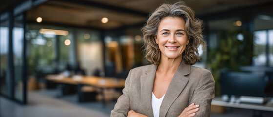 Successful Businesswoman: An elegant businesswoman radiates confidence with a warm smile, her arms crossed in an open office. The image exudes authority, knowledge, and a hint of sophistication.
