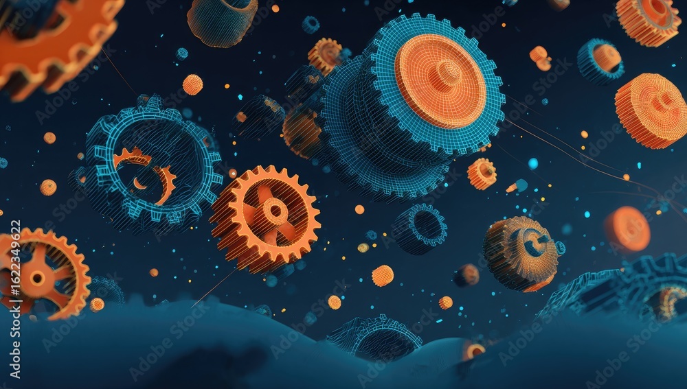 Poster abstract digital artwork of floating gears and components in space