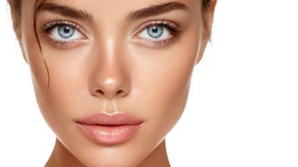 Captivating beauty, a closeup portrait of woman with striking blue eyes and soft pink lips.