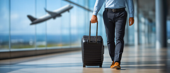 Business Travel Journey: A sharply dressed businessman strides purposefully through an airport terminal, his suitcase in tow, with an airplane taking off in the background.