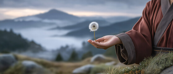 Dandelion Seed: A delicate dandelion seed head floats gracefully above a serene landscape, held delicately by a hand, evokes a sense of tranquility and the wonders of nature.