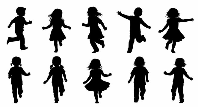 Silhouette kids running merrily, playful silhouette kids in motion with arms outstretched, capturing joy and freedom. Silhouette kids, symbols of childhood energy, are perfect for a logo or mascot,