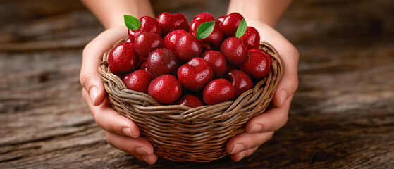 Cherries Offering: An intimate moment of a pair of hands presenting a woven basket overflowing with fresh, ripe cherries, inviting you to savor the delightful, juicy sweetness of nature's bounty. 