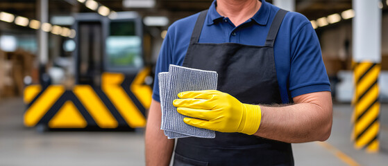 Cleanliness in Action: A diligent worker in a workshop, hands encased in protective gloves, brandishes cleaning cloths in a workplace environment. Symbolizing dedication and hygiene.