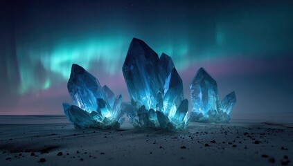 Vast, icy landscape, glowing blue crystals, aurora borealis