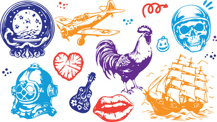 Farm Animal Rooster Icon Set – Rooster, Hen, Chicken, Heart, Feather, Morning, Doodle, Vector, Farm Life, Animal Icon, Colorful, Country Style