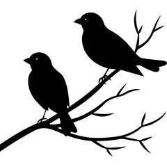 Beautiful birds sitting on a tree branch animal line art icon on white background.