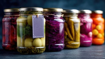 Variety of preserved vegetables in glass jars
