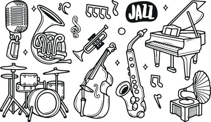 Jail & Weapon Doodle Icon Set – Crime, Law, Gun, Knife, Barbed Wire, Weaponry, Monochrome, Justice, Sketch, Riot, Crime Scene, Prison, Symbolic, Illustration, Violence, Control

