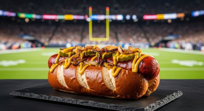 Delicious loaded hot dog on a pretzel bun with a football stadium in the background