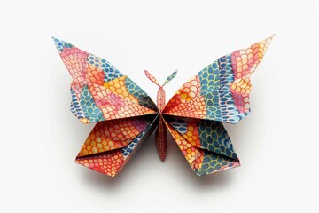 Colorful origami butterfly showcasing intricate patterns and vibrant hues on a plain background