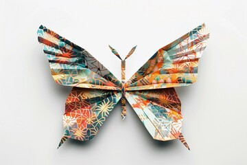 Unique origami butterfly created with colorful patterned paper showcasing intricate folds and designs