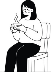 Woman drinking coffee illustration vector art black and white line drawing