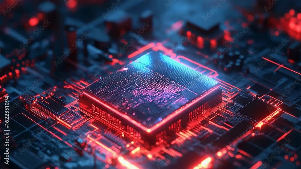 Poster cpu processing data on motherboard with red and blue lights