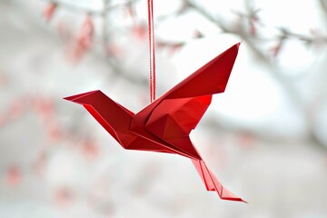 Beautiful red origami bird hanging delicately from a branch with blurred background during a sunny day