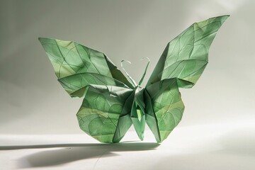 Intricate origami butterfly crafted from green paper showcasing detailed leaf patterns in a soft-lit setting