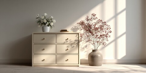 Beige dresser with dried flowers