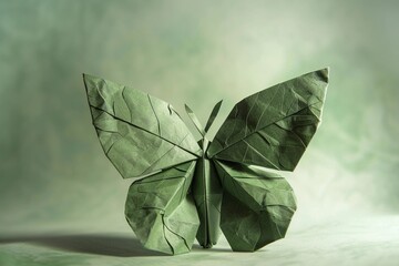 Elegant paper butterfly crafted from green leaves displayed on a soft background in a serene light