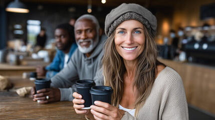 Coffee Companionship: A radiant woman, alongside companions, holds coffee cups, exuding warmth and camaraderie within a modern cafe setting, emphasizing shared experiences and moments.