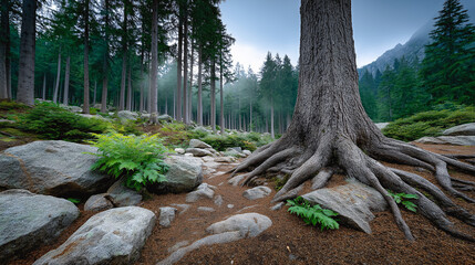 Roots of Resilience: A colossal tree stands proudly in a primeval forest, its gnarled roots exposed amidst a tapestry of nature's elements, evoking strength and endurance.