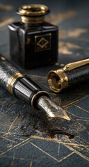Close-up of a fountain pen and inkwell.  Dark grey pen with gold accents,  open nib,  black inkwell.  Vintage-style paper