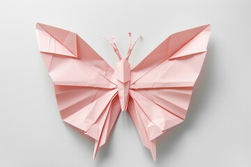 Elegant pink origami butterfly crafted with precision on a clean white surface showcasing intricate details and folds