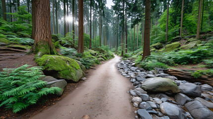 Forest Trail Amidst Towering Trees: A serene pathway winds through a lush forest of towering trees, inviting exploration and tranquility. The photograph captures the beauty of nature.