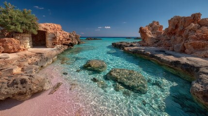 Fototapeta premium Crystal-clear turquoise water flows through a pink sand cove, framed by terracotta-colored cliffs